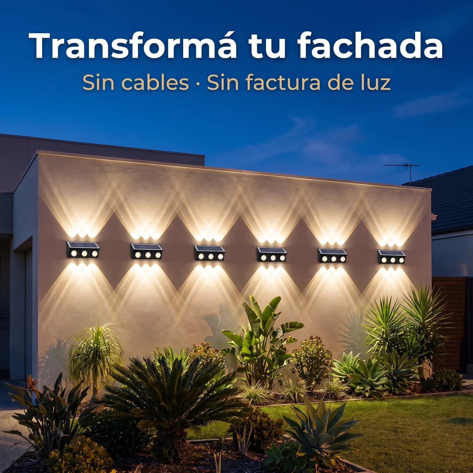 Seis apliques solares iluminando hacia arriba y abajo la fachada de una casa de noche