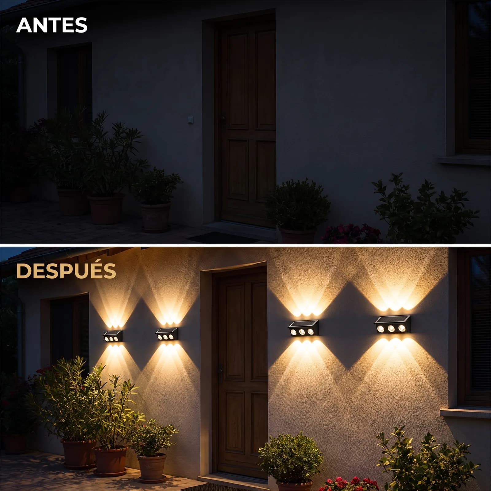 Antes y después: entrada de una casa a oscuras y luego iluminada con apliques solares