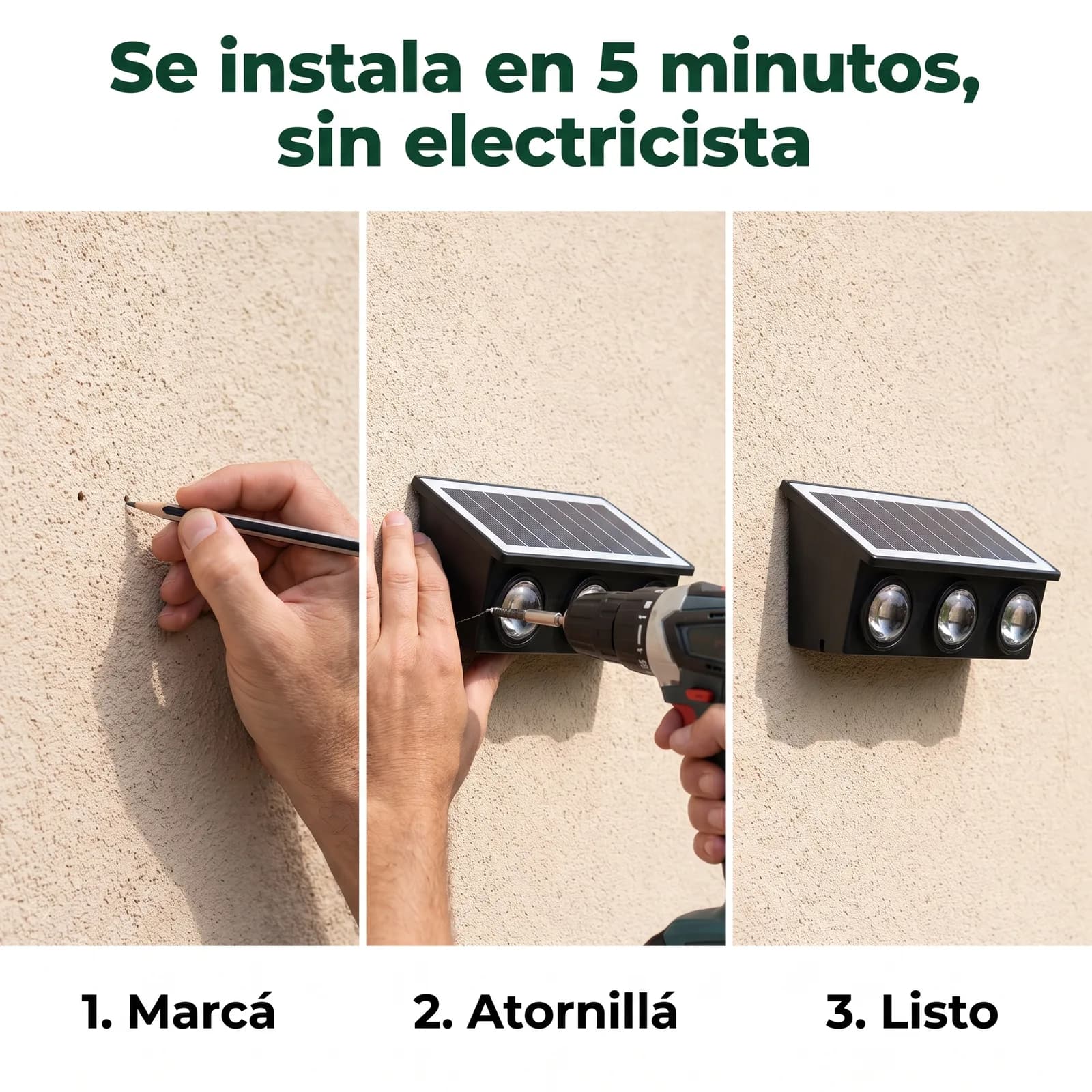 Instalación del aplique solar en tres pasos: marcar, atornillar y listo
