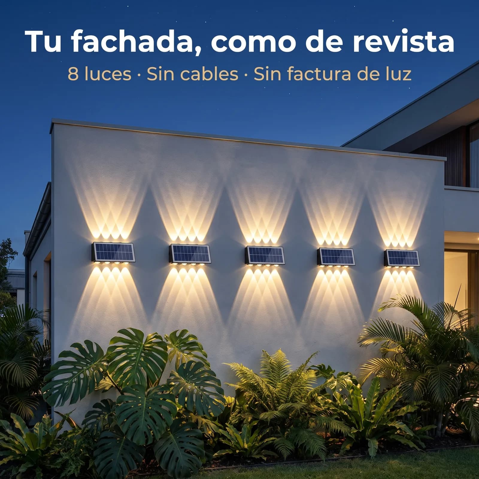 Cinco apliques solares de 8 luces iluminando la fachada blanca de una casa de noche