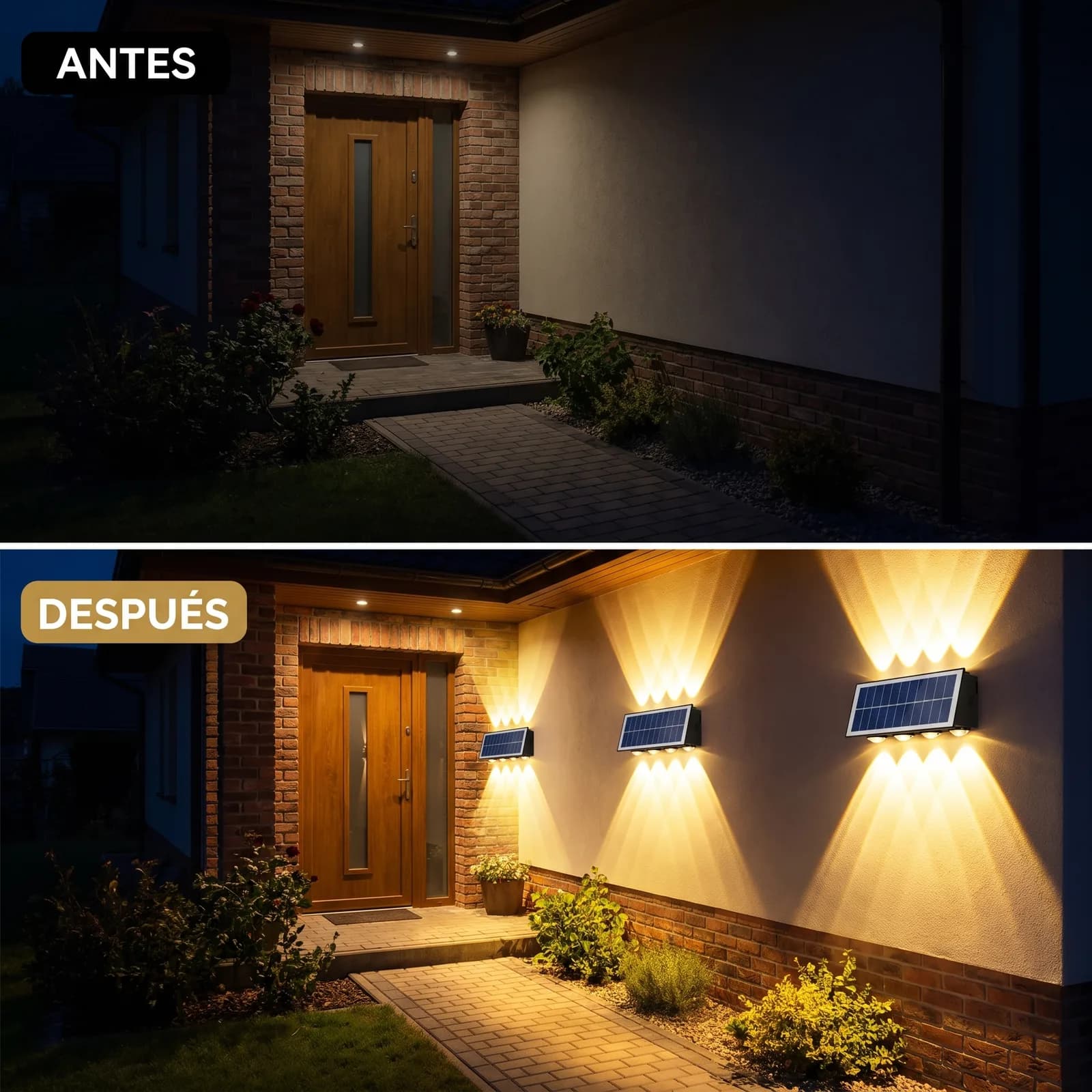 Antes y después: entrada de una casa a oscuras y luego iluminada con apliques solares de 8 luces