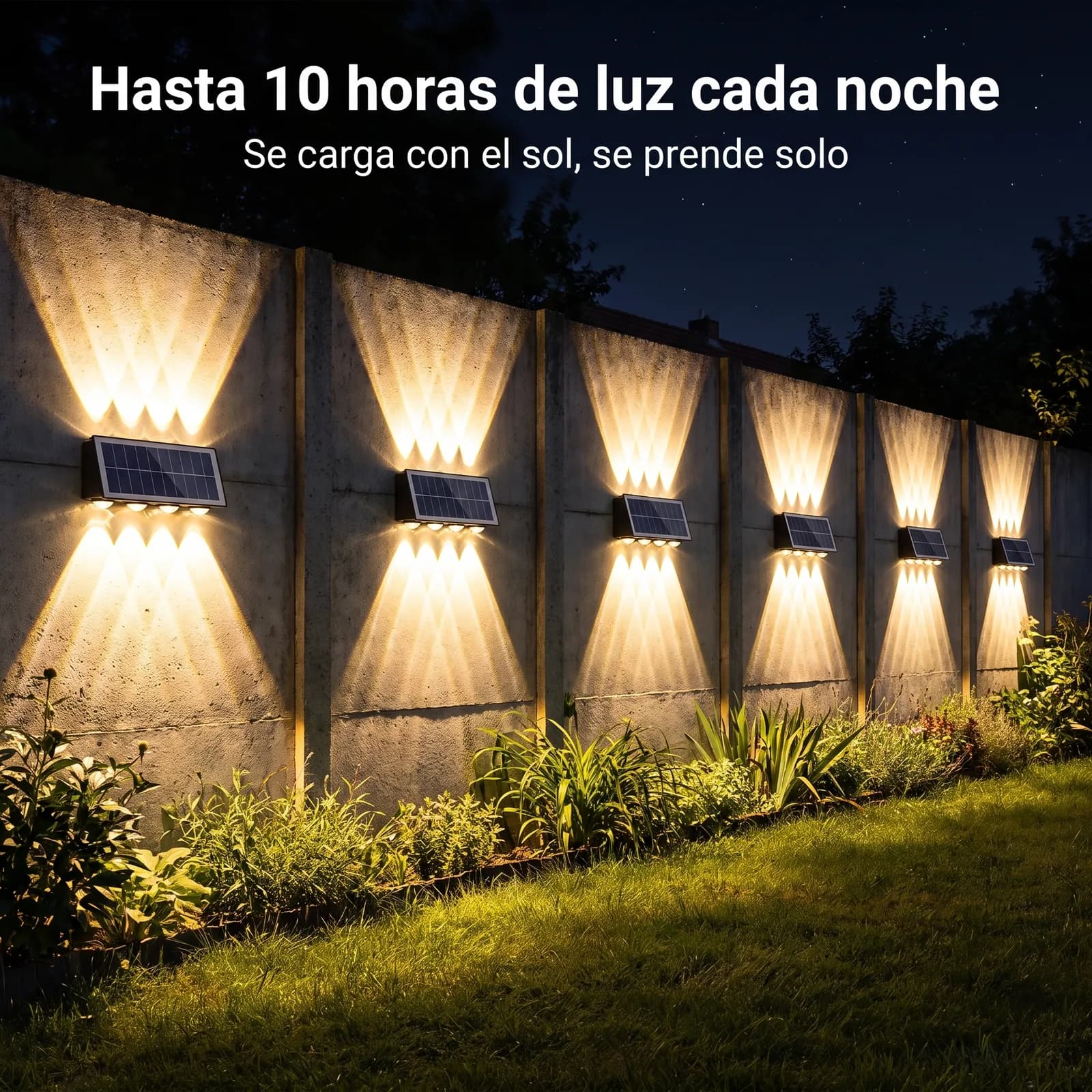 Apliques solares de 8 luces encendidos a lo largo de un muro del jardín de noche