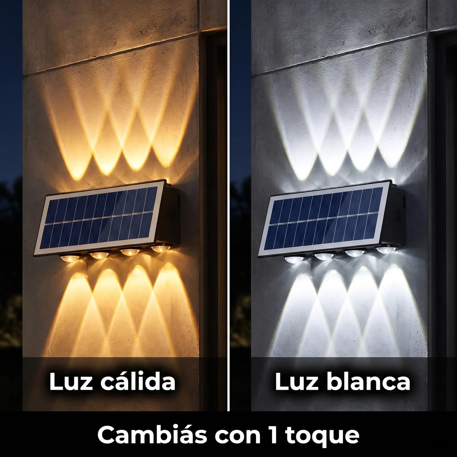 Aplique solar de 8 luces en luz cálida y en luz blanca