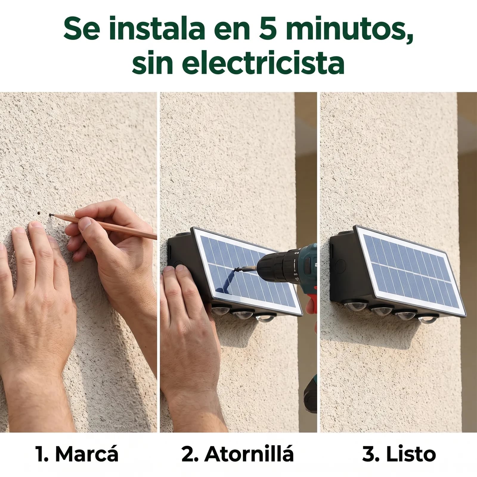 Instalación del aplique solar de 8 luces en tres pasos: marcar, atornillar y listo