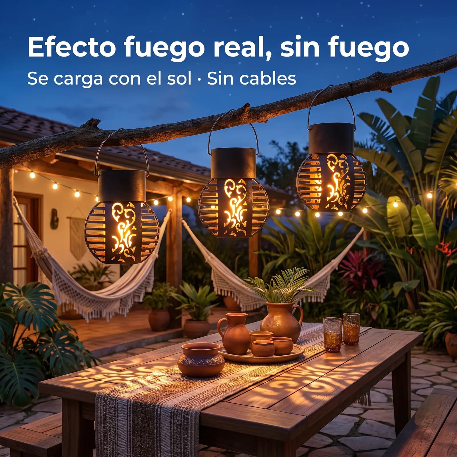 Faroles colgantes solares con efecto llama sobre la mesa de un patio de noche