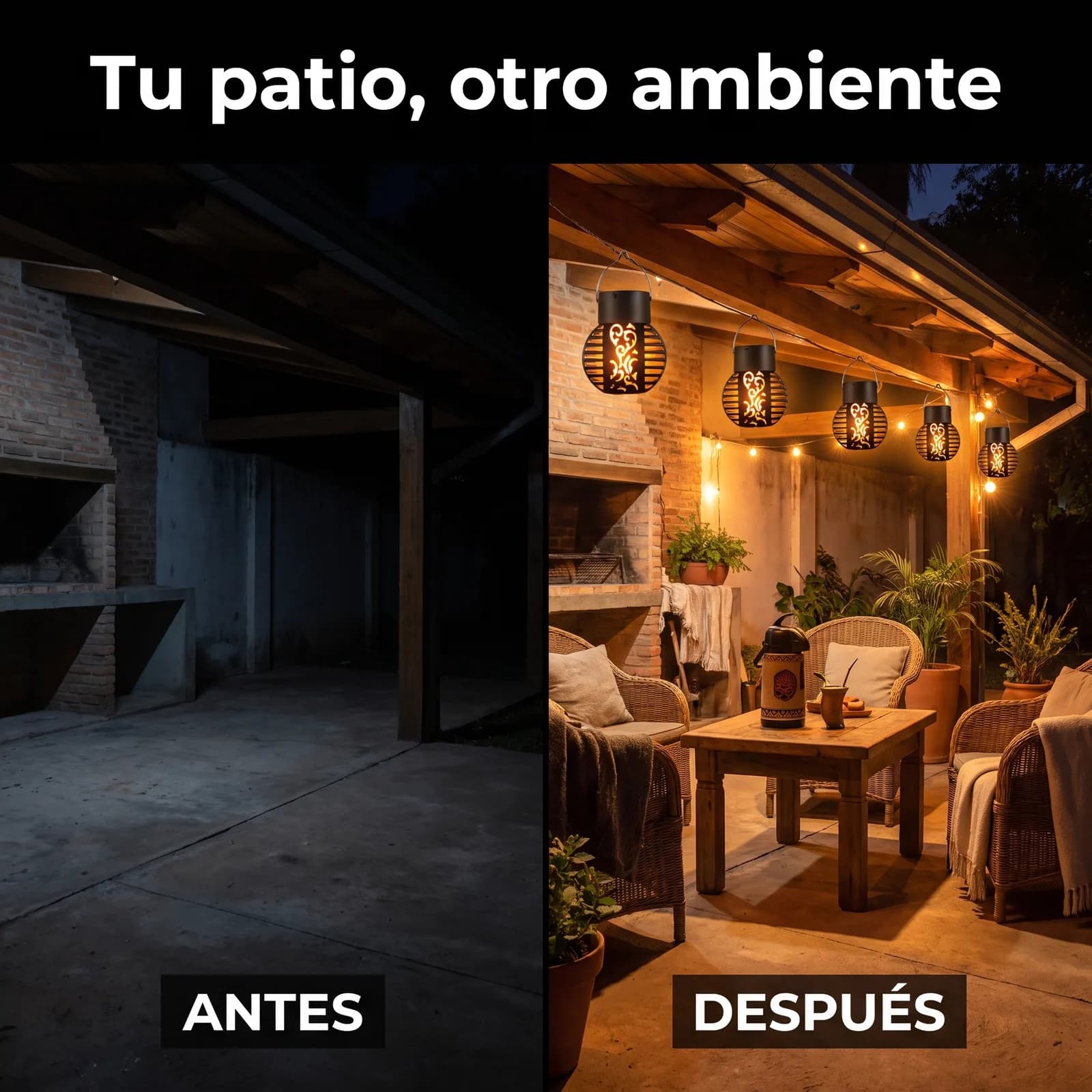 Antes y después: quincho a oscuras y luego iluminado con faroles colgantes solares