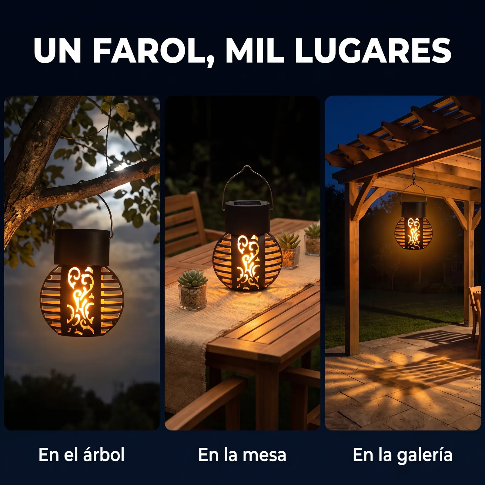 Farol colgante solar en tres lugares: colgado de un árbol, sobre una mesa y en la galería