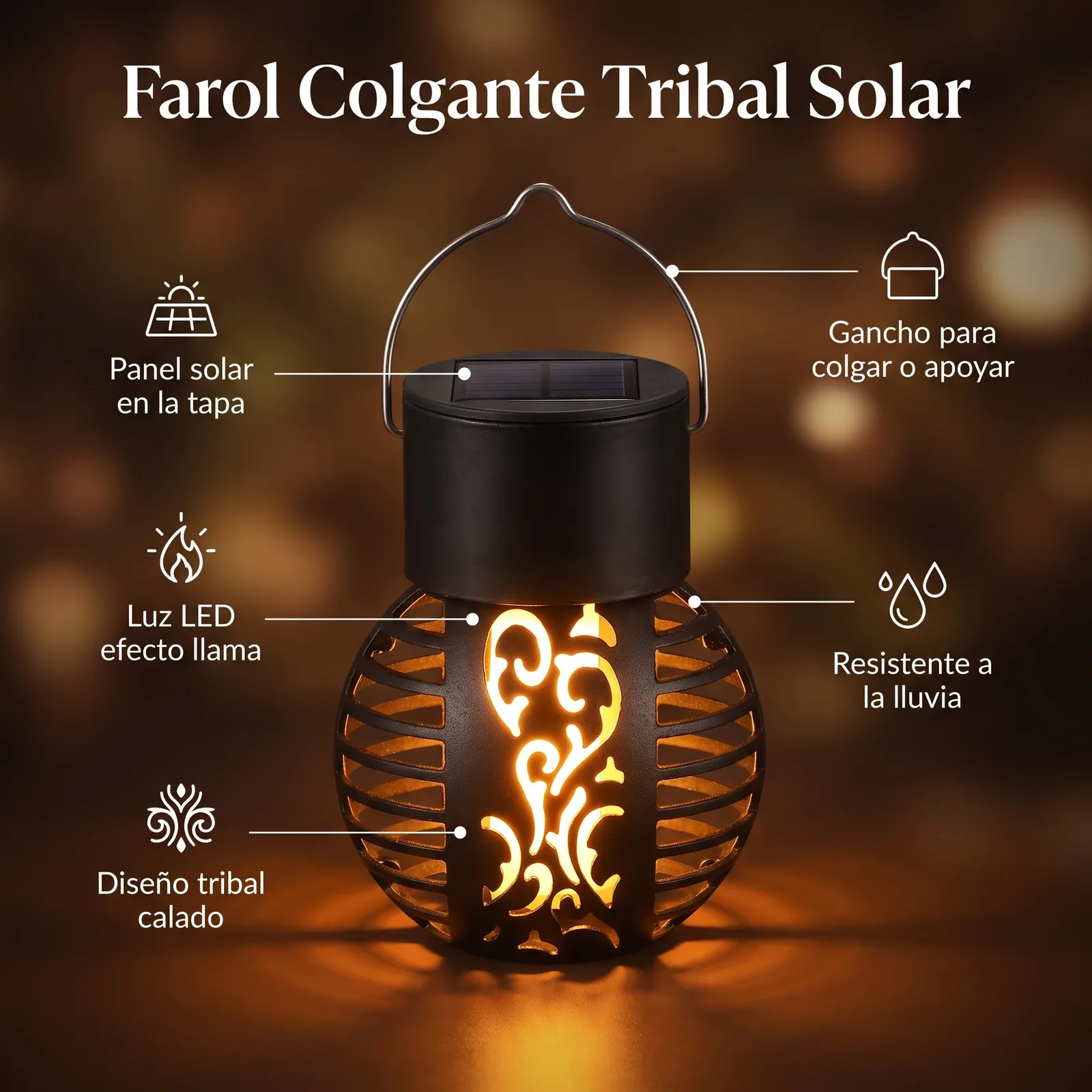 Detalles del farol colgante tribal solar: panel solar en la tapa, gancho para colgar o apoyar, luz LED efecto llama y diseño calado