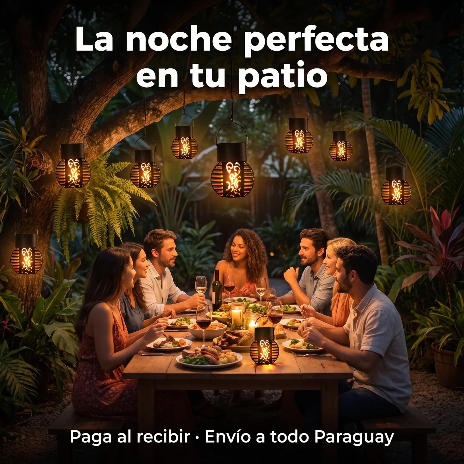 Amigos cenando de noche en un patio iluminado con faroles colgantes solares