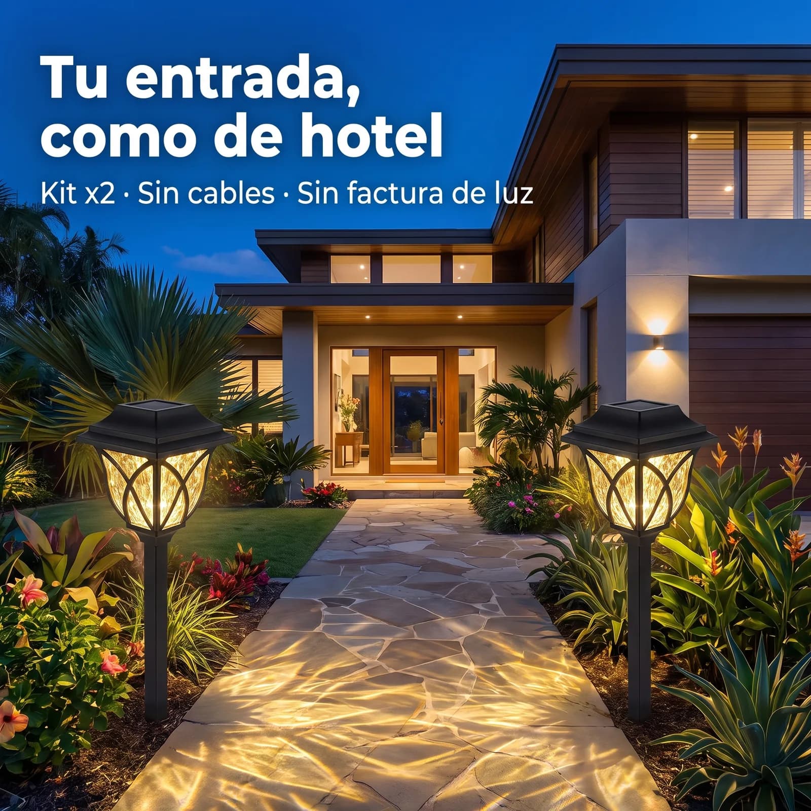 Dos faroles solares de jardín iluminando el camino de entrada de una casa al anochecer