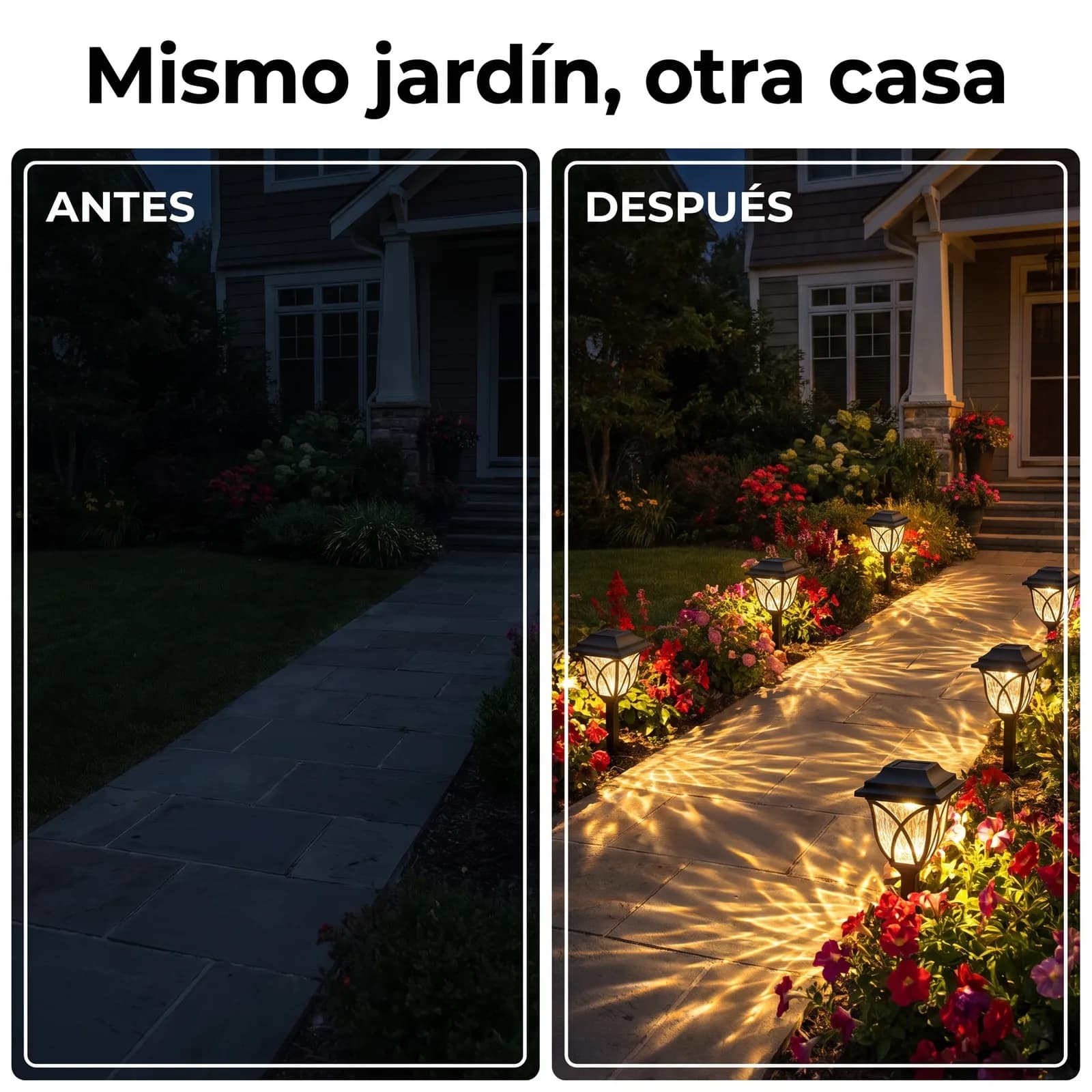 Antes y después: sendero del jardín a oscuras y luego iluminado con faroles solares