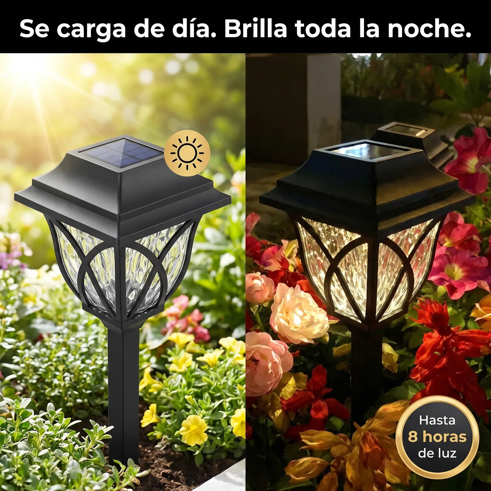 Farol solar de jardín cargándose de día y encendido de noche