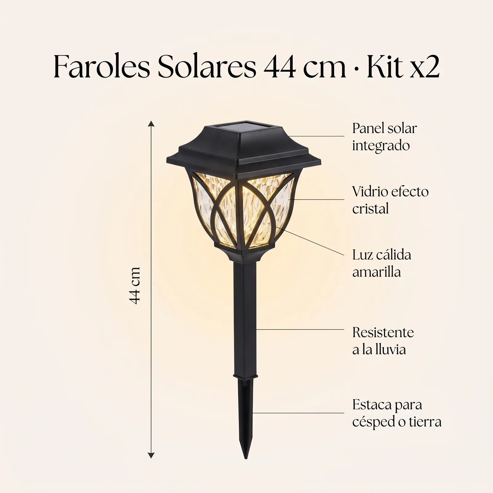 Detalles del farol solar de 44 cm: panel solar integrado, vidrio efecto cristal, luz cálida, resistente a la lluvia y estaca