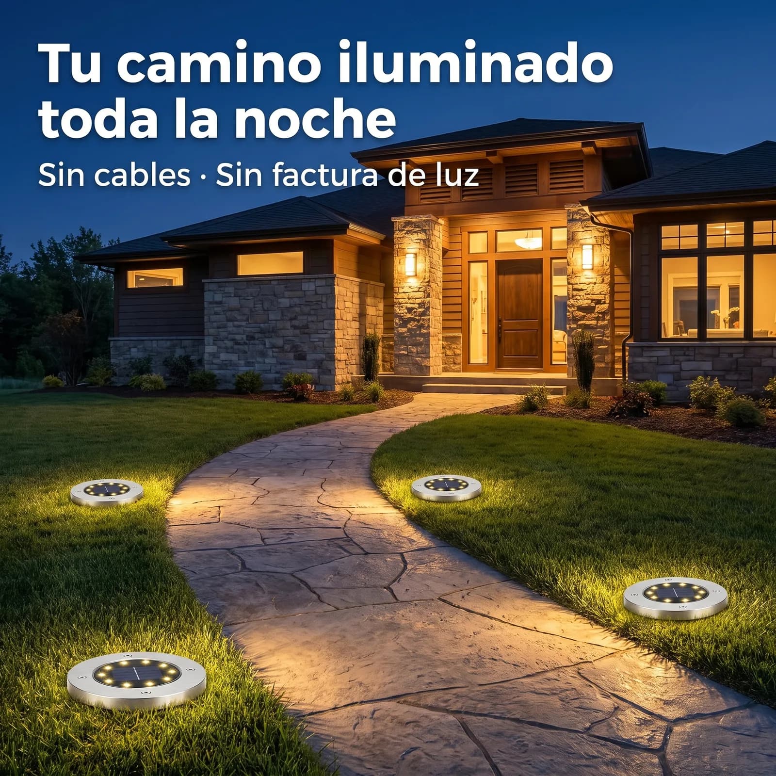 Caminero solar iluminando el camino de entrada de una casa de noche