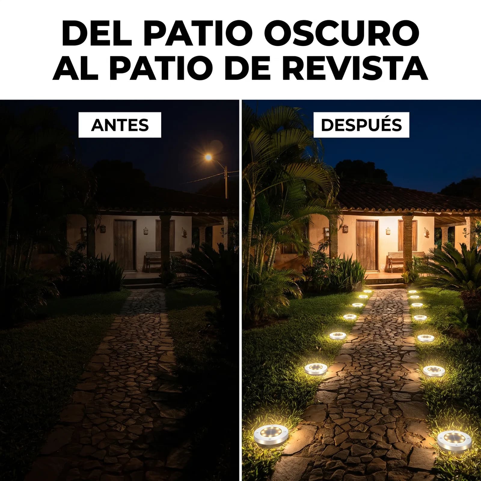 Antes y después: camino del patio a oscuras y luego iluminado con luces solares de piso