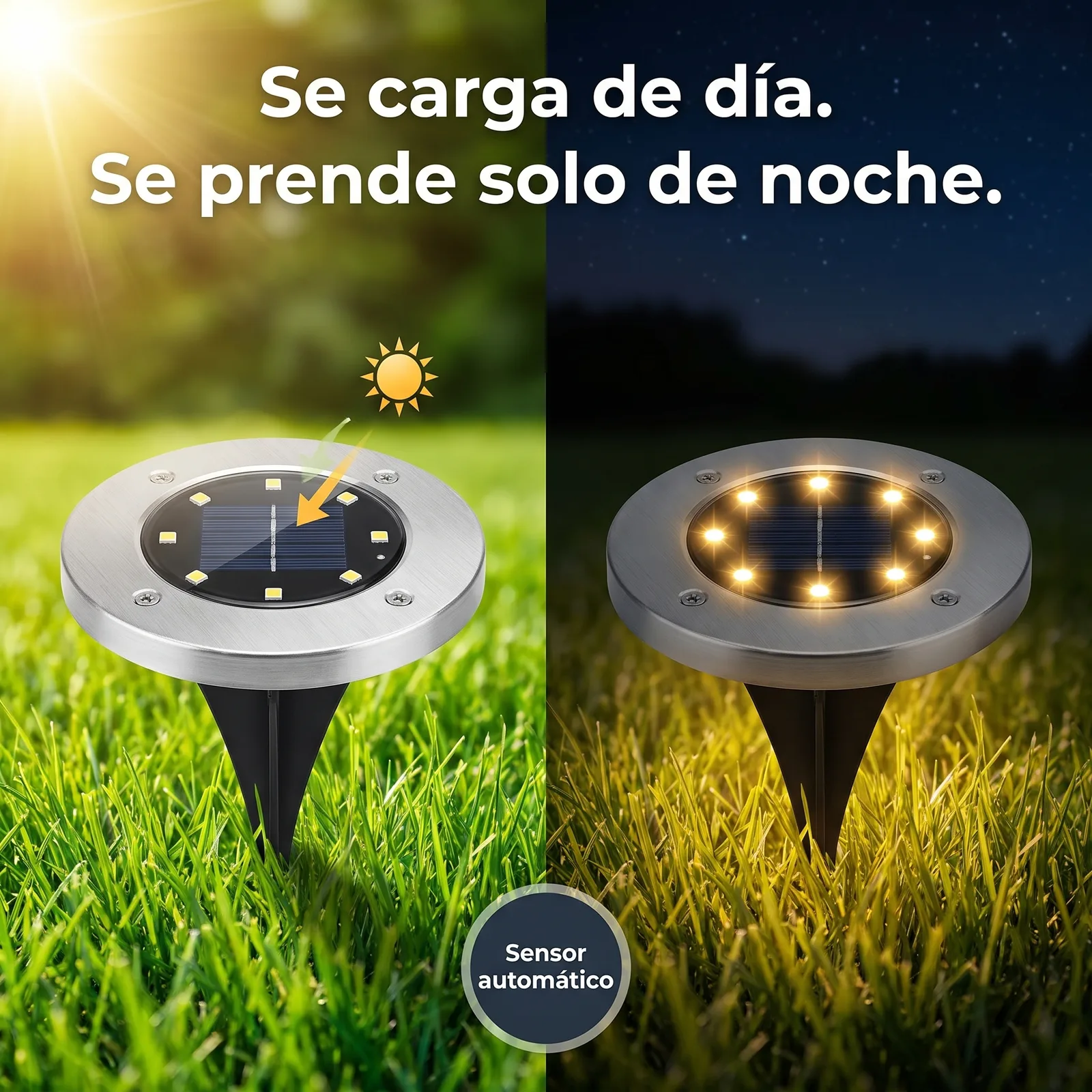 Luz solar de piso cargándose de día y encendida de noche sobre el césped