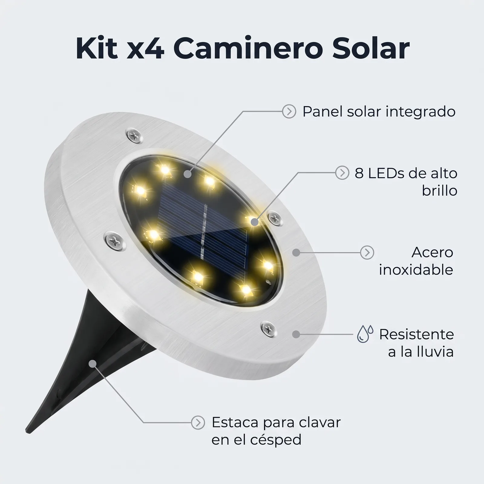Detalles del caminero solar: panel solar integrado, 8 LEDs, acero inoxidable, resistente a la lluvia y estaca para el césped