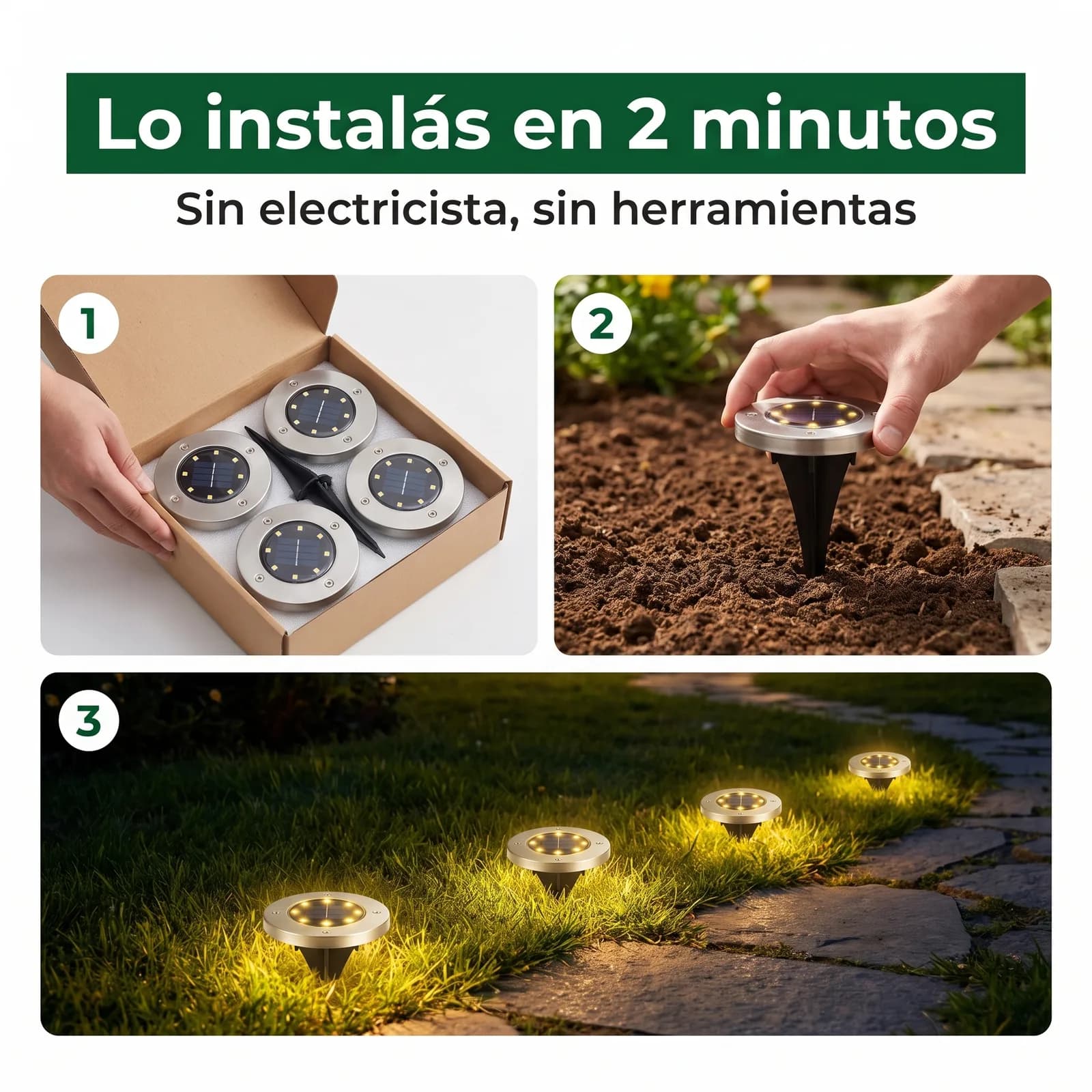 Instalación del kit de 4 luces solares de piso en tres pasos, sin herramientas
