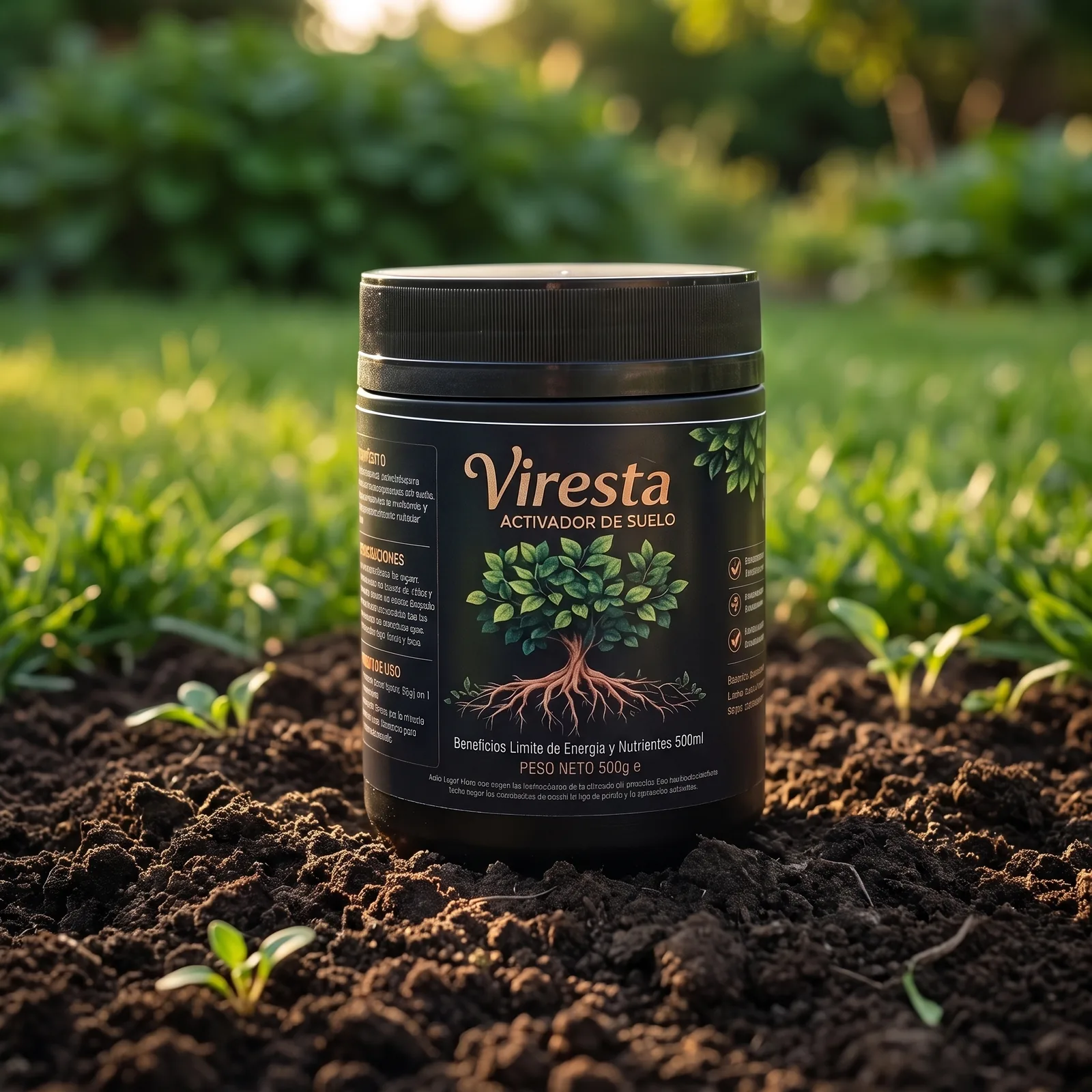 Pote de Viresta Activador de Suelo 500g sobre tierra oscura en una huerta