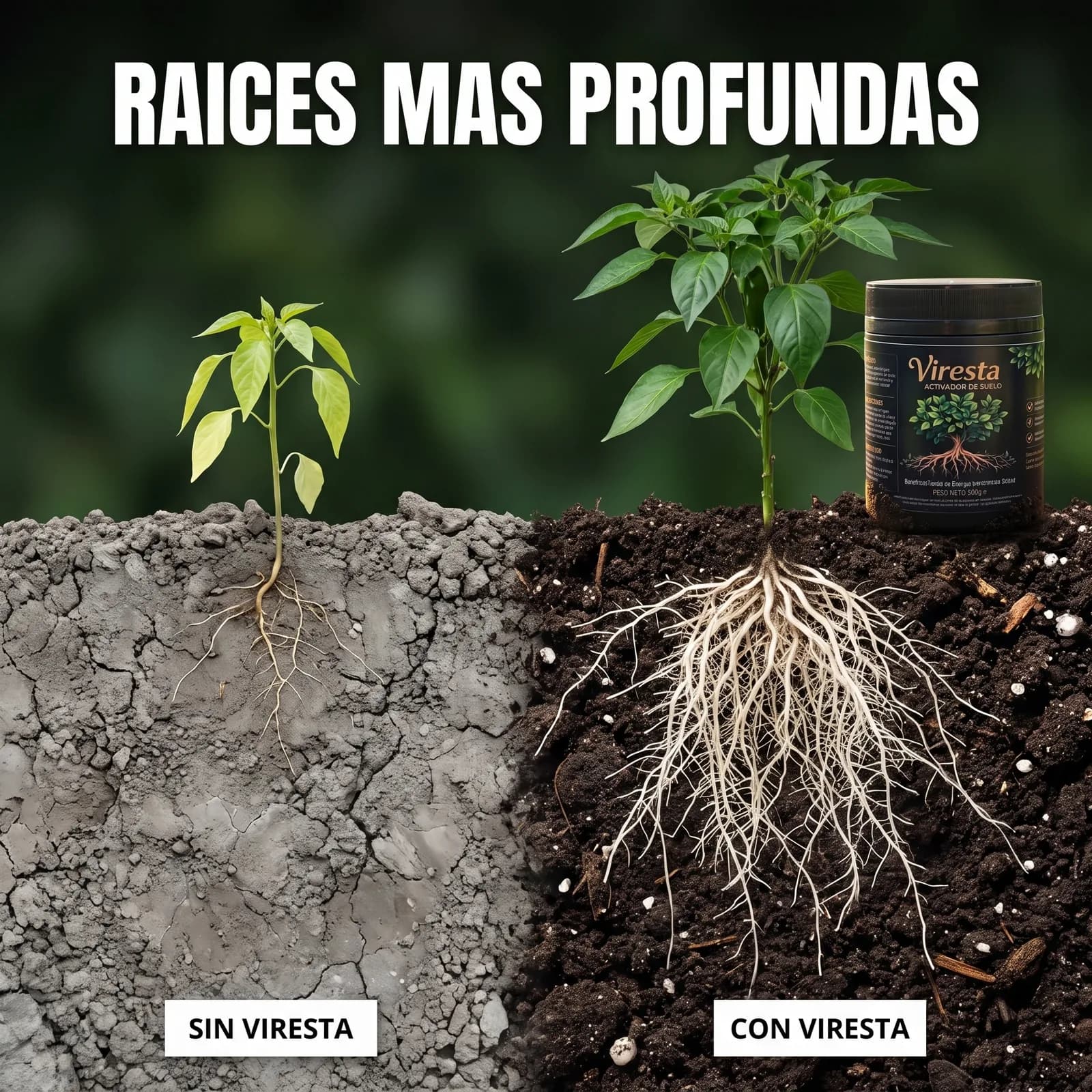 Planta con raíces cortas en tierra seca sin Viresta y planta con raíces largas y abundantes en tierra oscura con Viresta