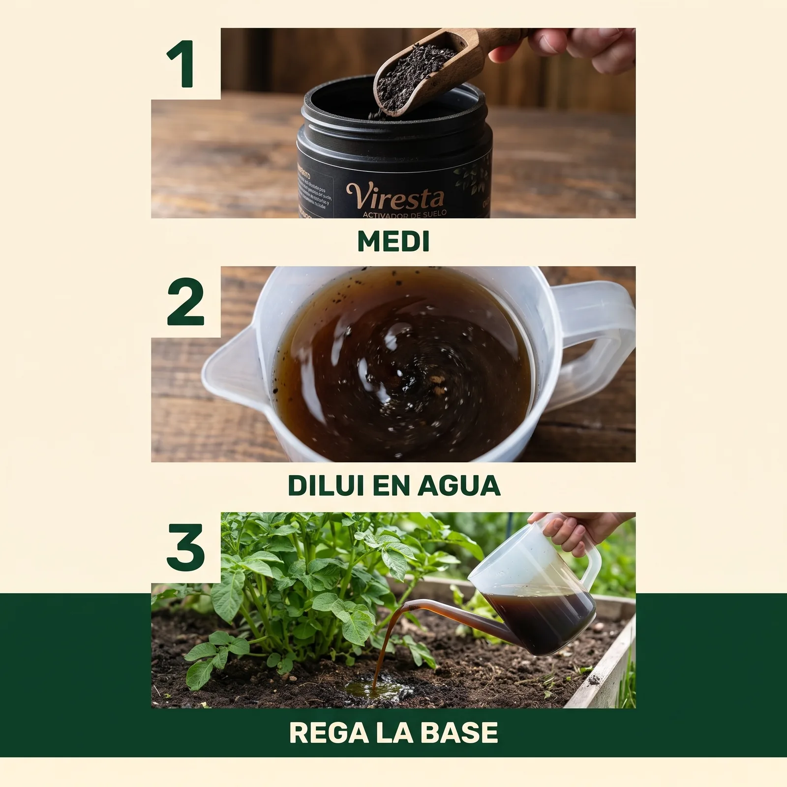Tres pasos de uso: medir Viresta con una cuchara, diluirlo en agua y regar la base de las plantas