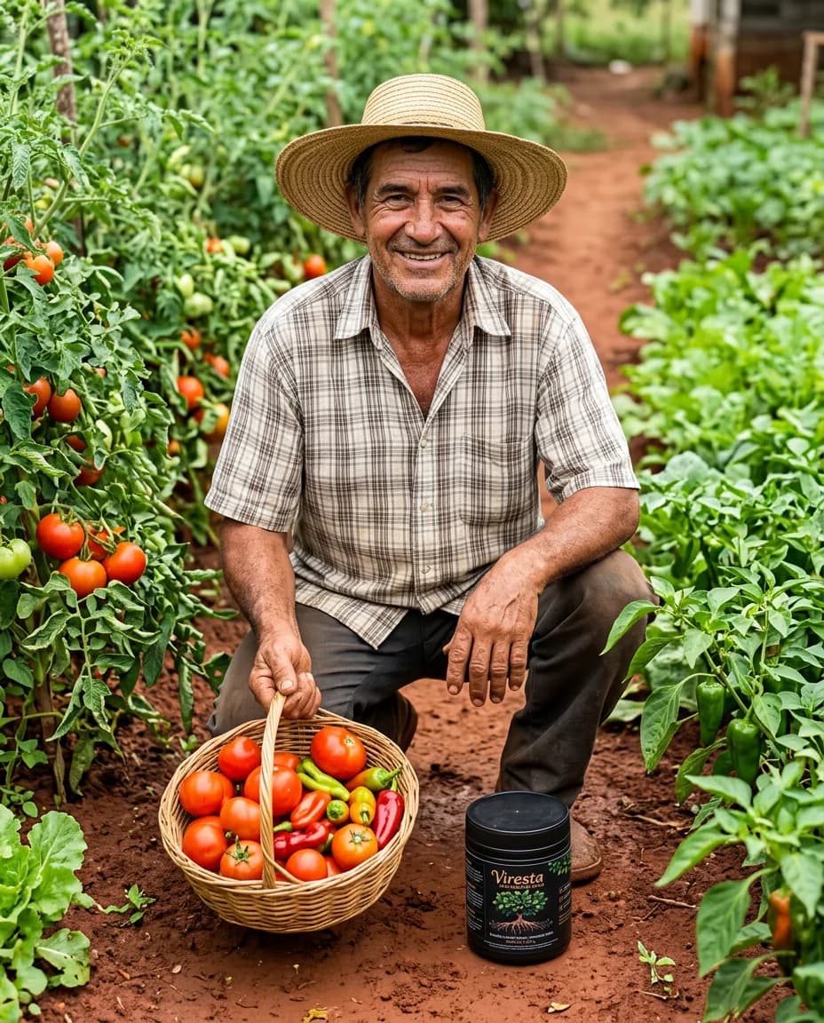 Hombre con sombrero en su huerta, con una canasta de tomates y un pote de Viresta