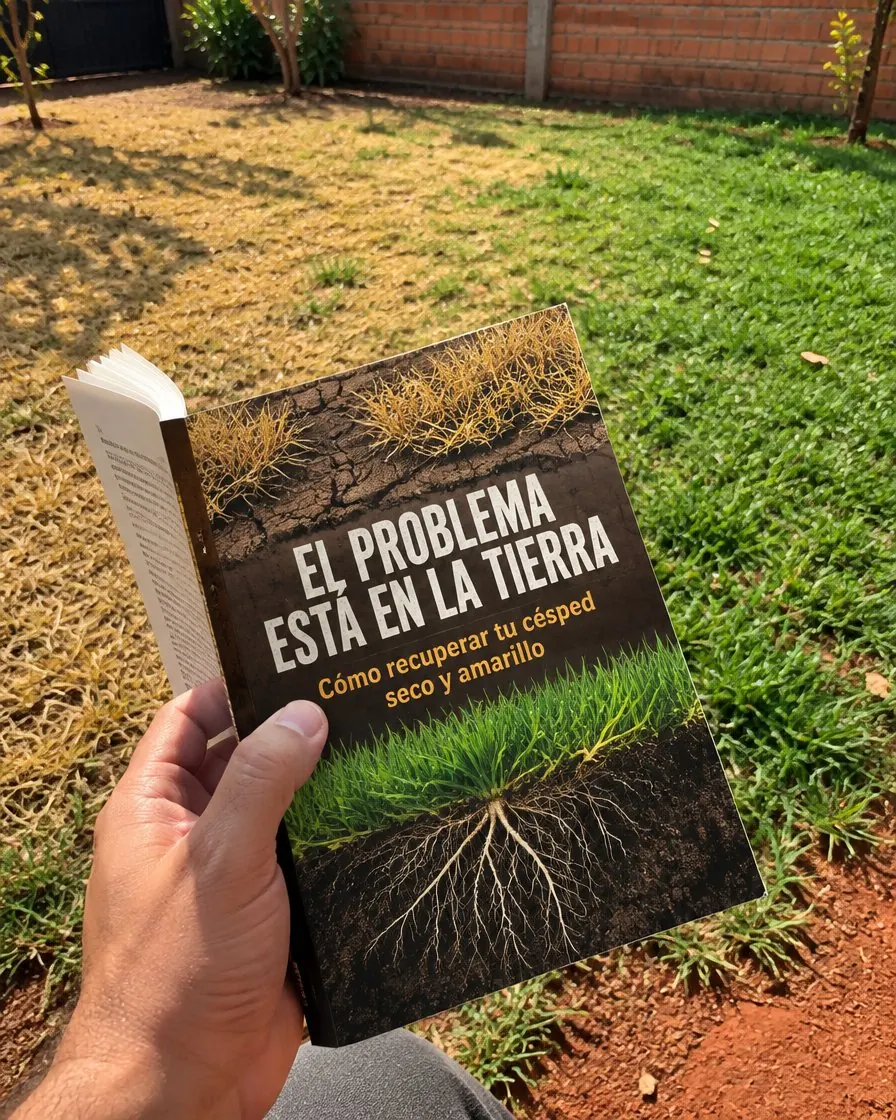 Mano sosteniendo la guía sobre un patio con partes secas y partes verdes